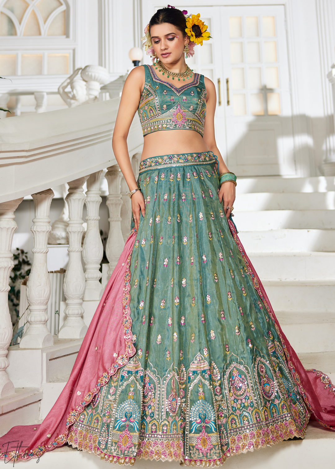 Sea Green and Pink Peacock Embroidered Tissue Lehenga Choli