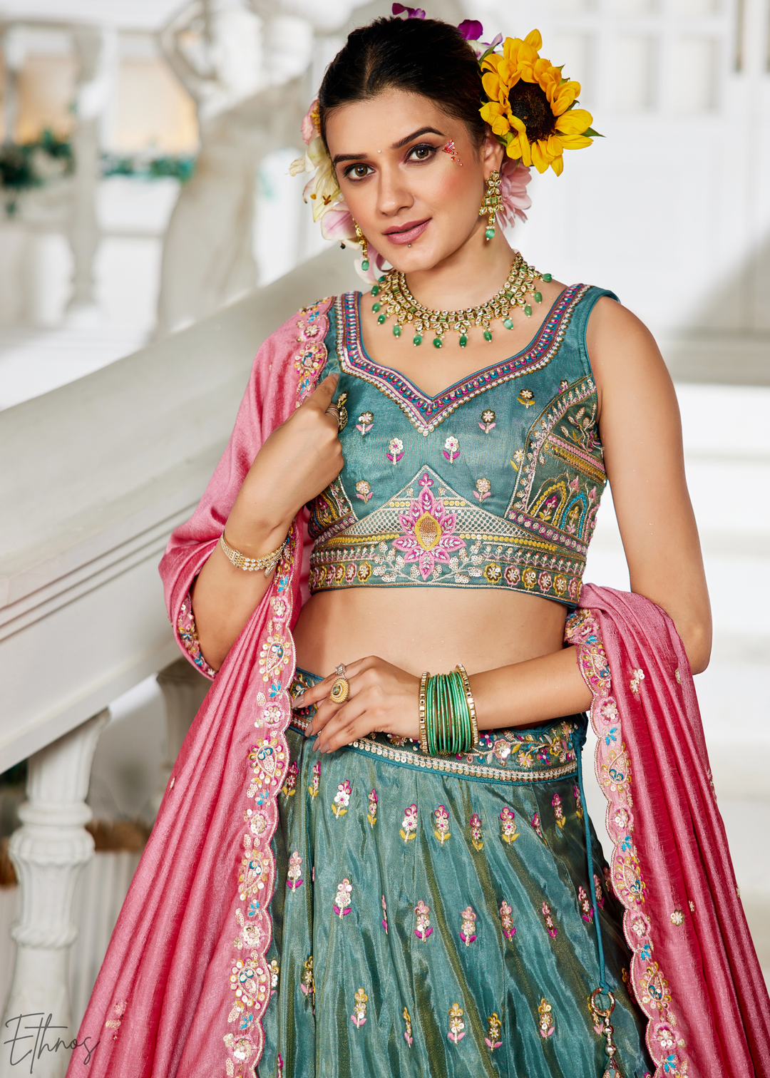 Sea Green and Pink Peacock Embroidered Tissue Lehenga Choli