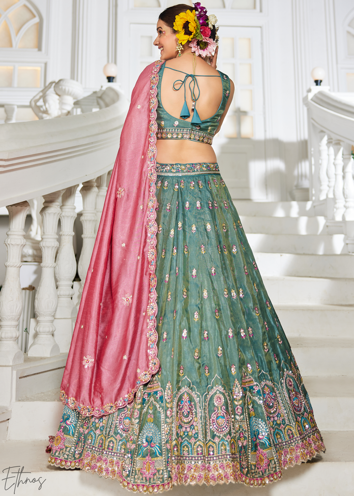 Sea Green and Pink Peacock Embroidered Tissue Lehenga Choli