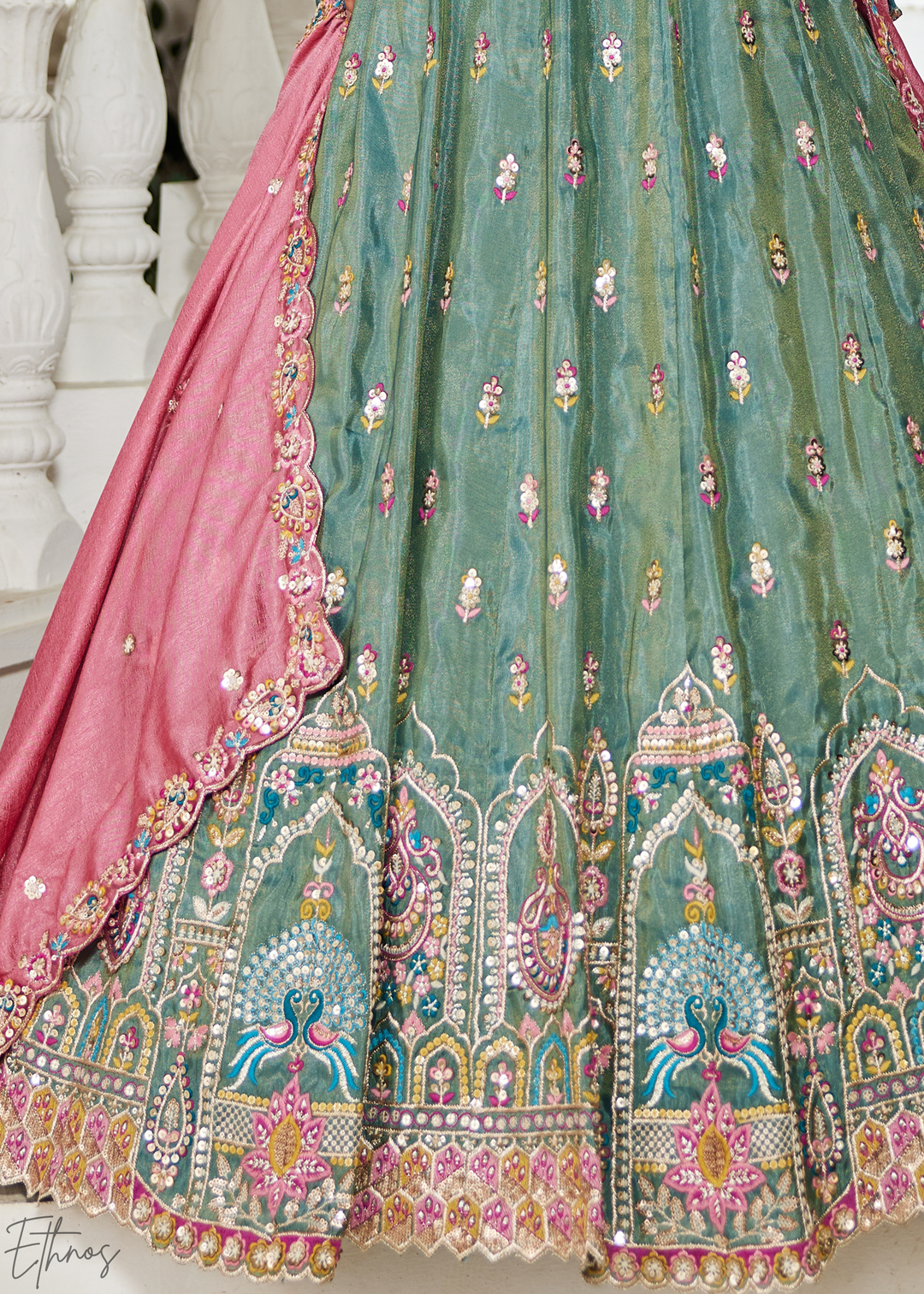 Sea Green and Pink Peacock Embroidered Tissue Lehenga Choli