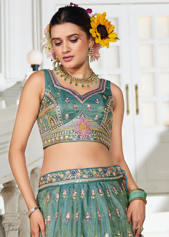 Sea Green and Pink Peacock Embroidered Tissue Lehenga Choli