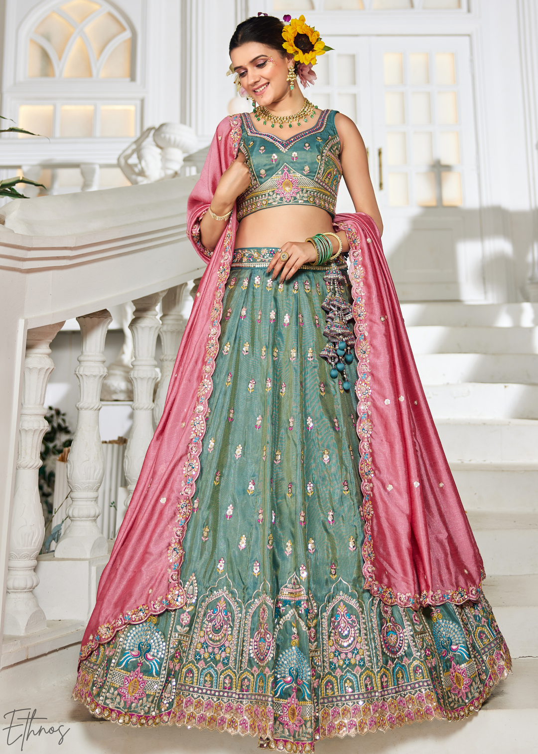 Sea Green and Pink Peacock Embroidered Tissue Lehenga Choli