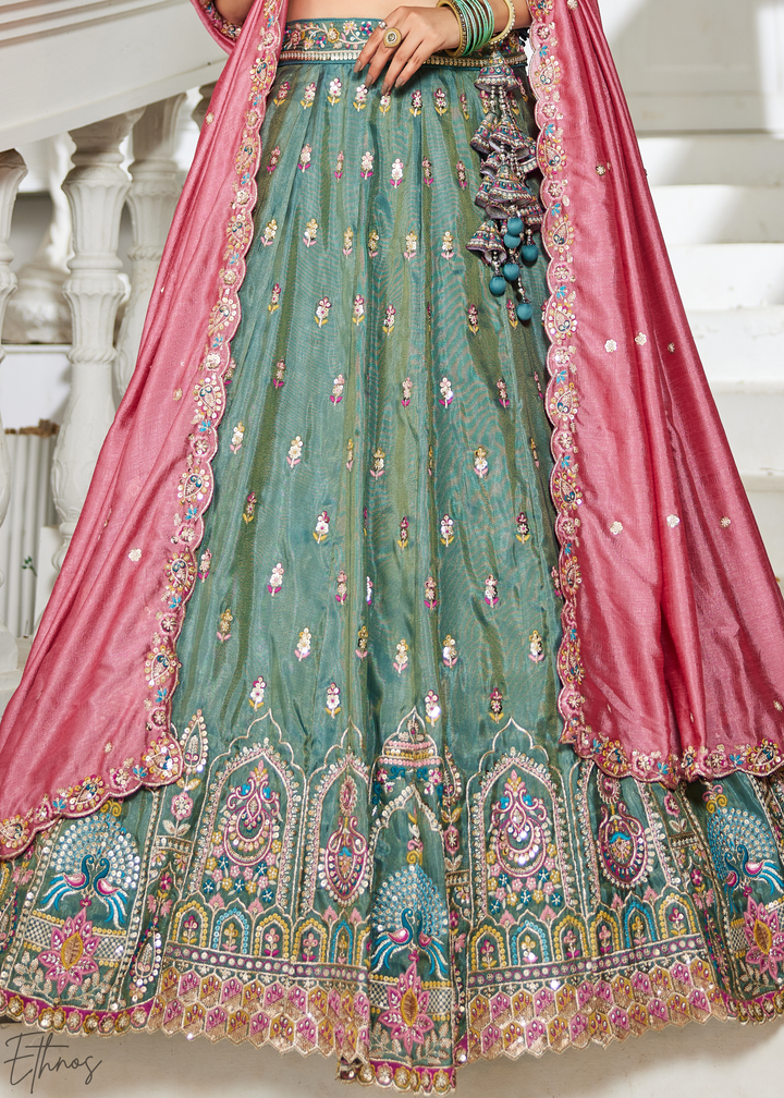 Sea Green and Pink Peacock Embroidered Tissue Lehenga Choli