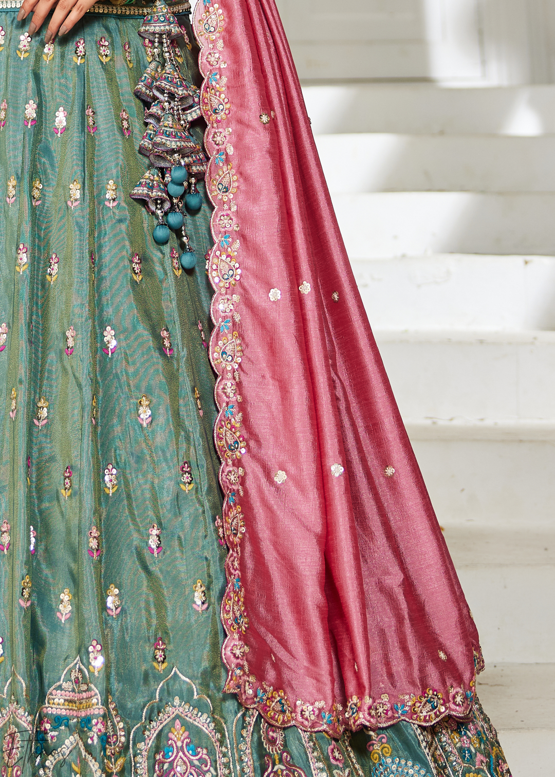 Sea Green and Pink Peacock Embroidered Tissue Lehenga Choli