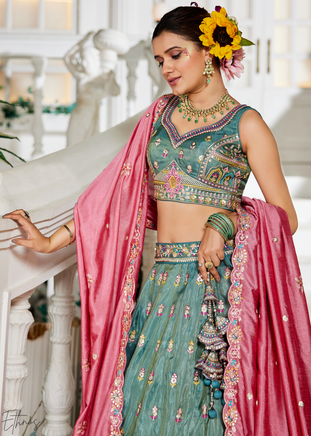Sea Green and Pink Peacock Embroidered Tissue Lehenga Choli
