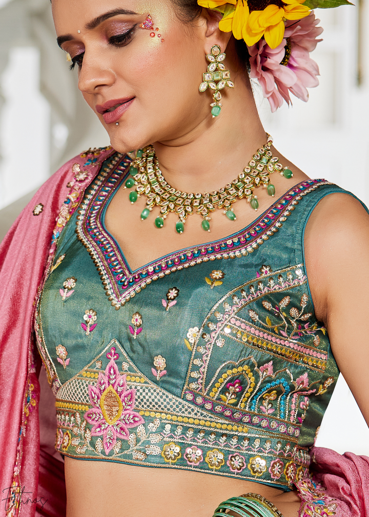 Sea Green and Pink Peacock Embroidered Tissue Lehenga Choli