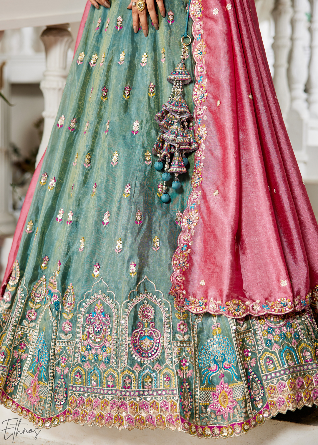 Sea Green and Pink Peacock Embroidered Tissue Lehenga Choli