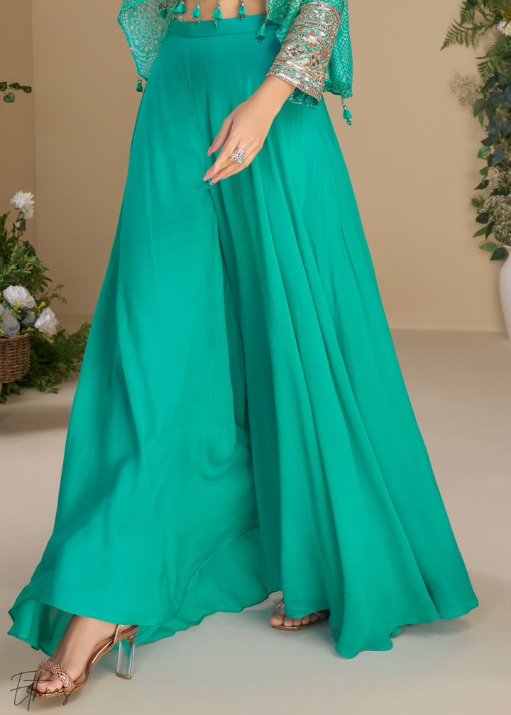 Sea Green Chinon Shrug & Choli Palazzo Suit