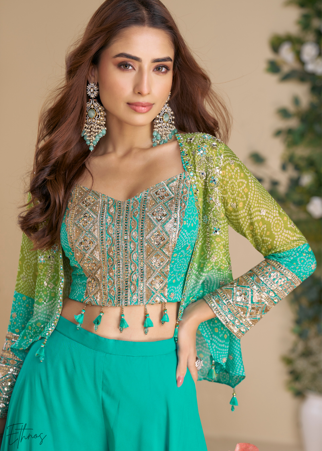 Sea Green Chinon Shrug & Choli Palazzo Suit