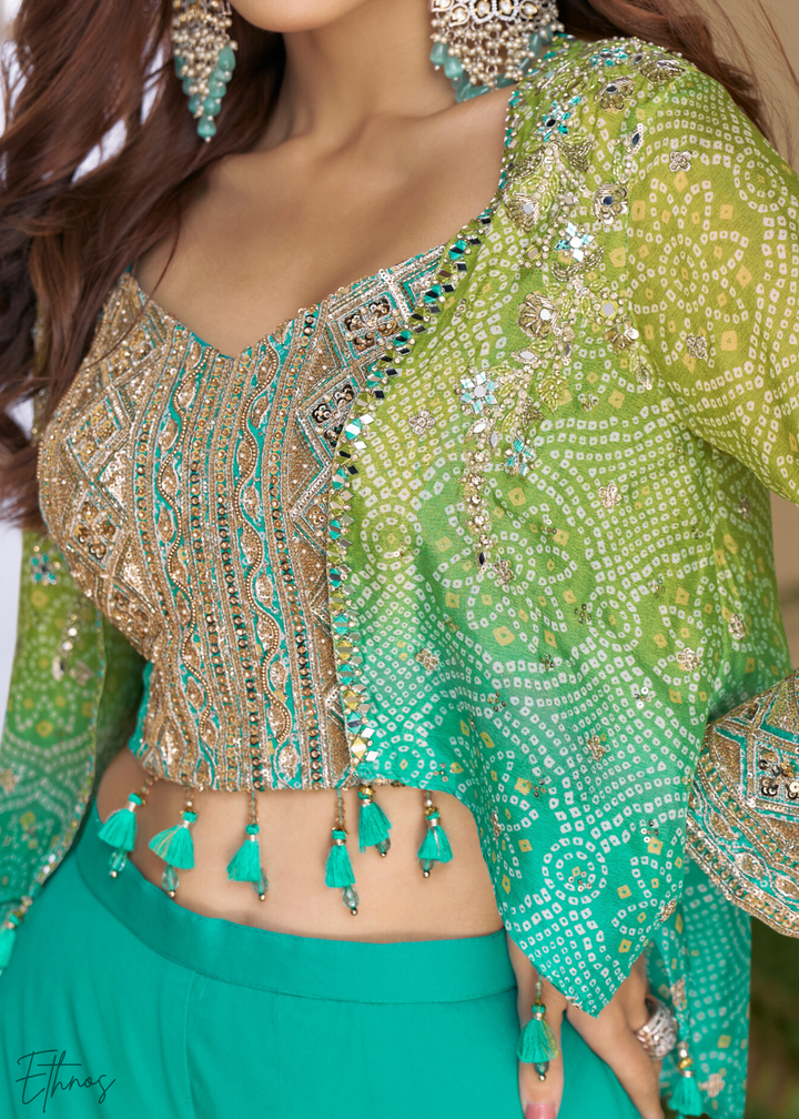 Sea Green Chinon Shrug & Choli Palazzo Suit