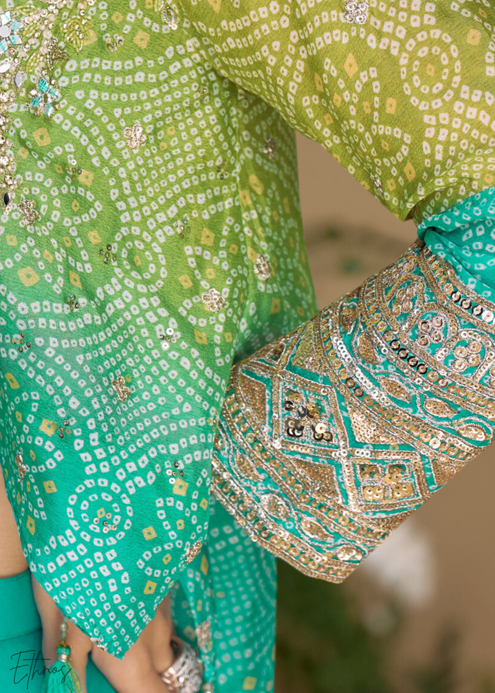 Sea Green Chinon Shrug & Choli Palazzo Suit