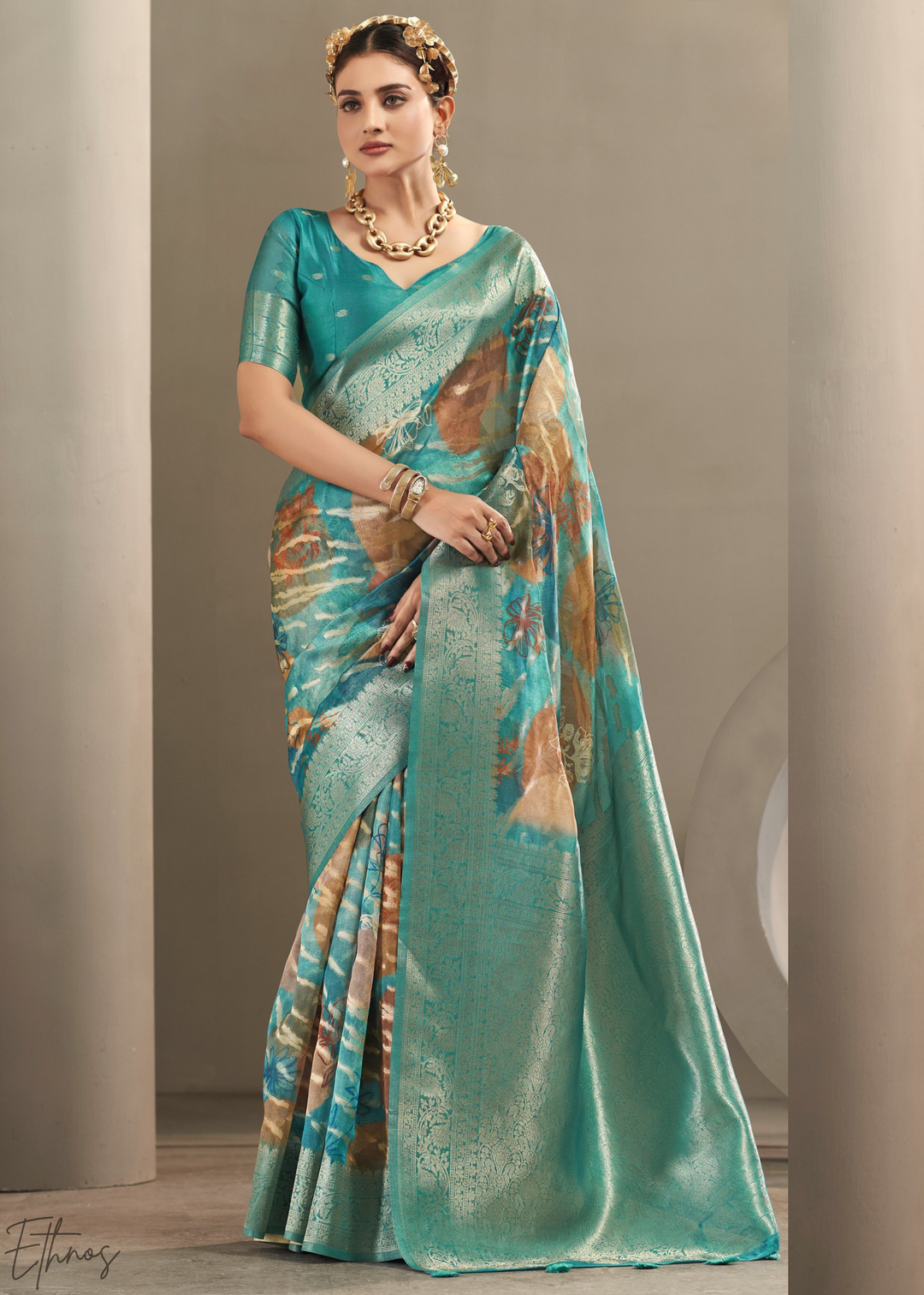 Seafoam Blue Abstract Digital Print Metallic Vellora Saree