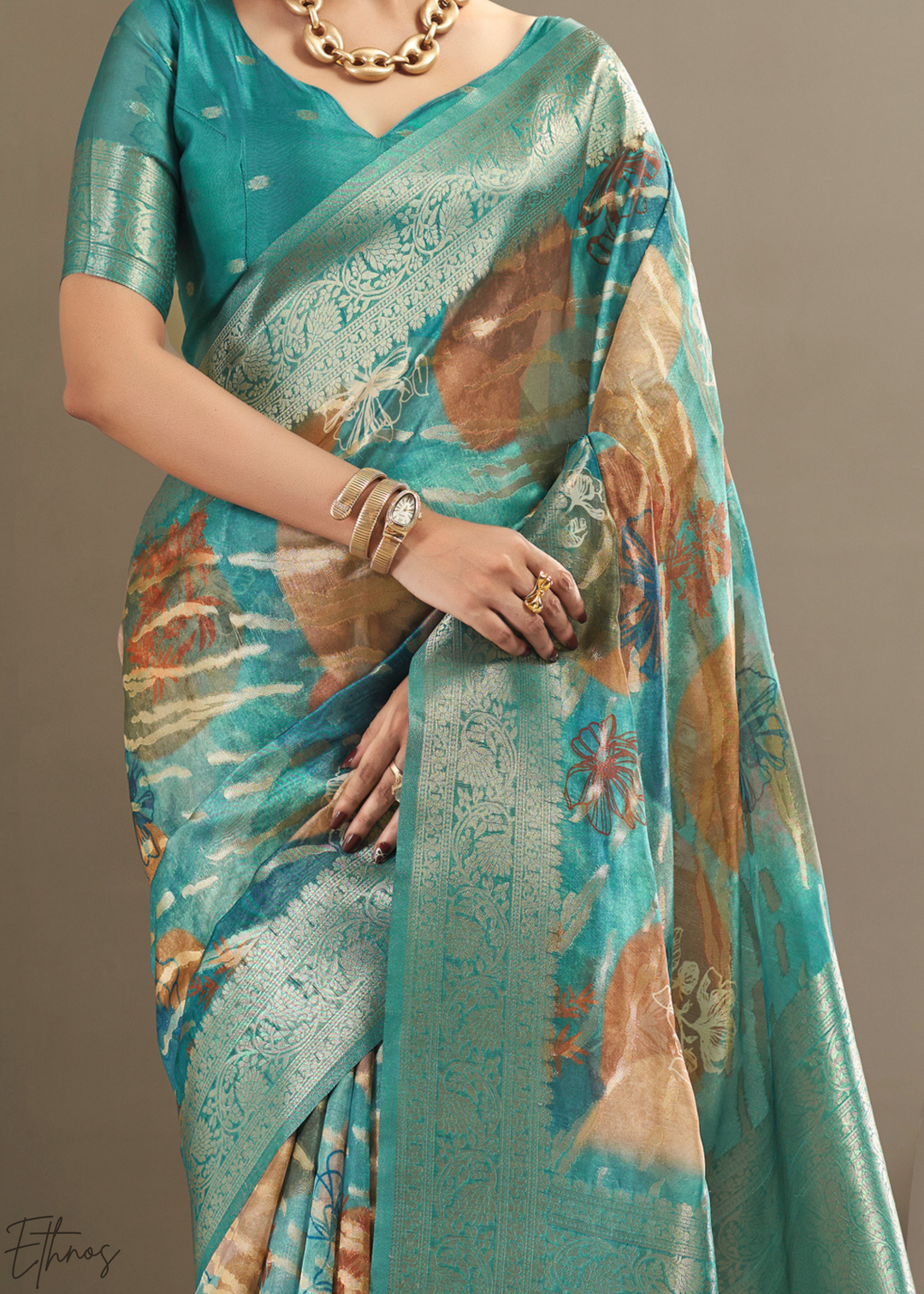 Seafoam Blue Abstract Digital Print Metallic Vellora Saree