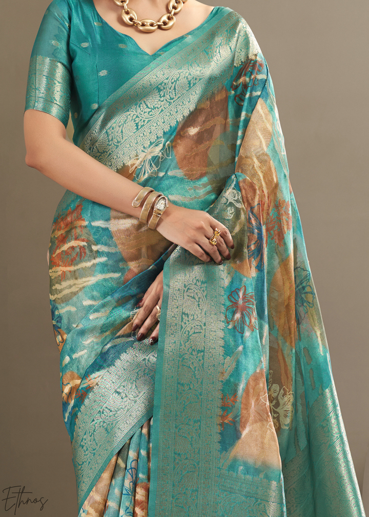 Seafoam Blue Abstract Digital Print Metallic Vellora Saree
