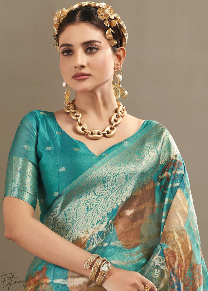 Seafoam Blue Abstract Digital Print Metallic Vellora Saree