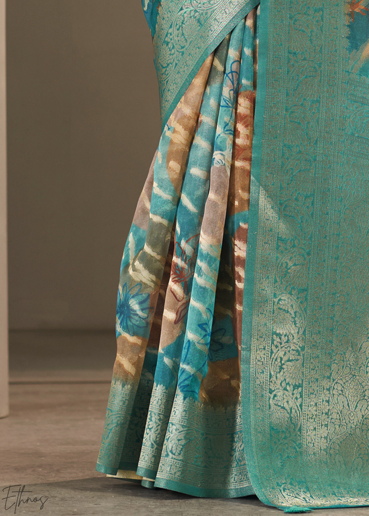 Seafoam Blue Abstract Digital Print Metallic Vellora Saree