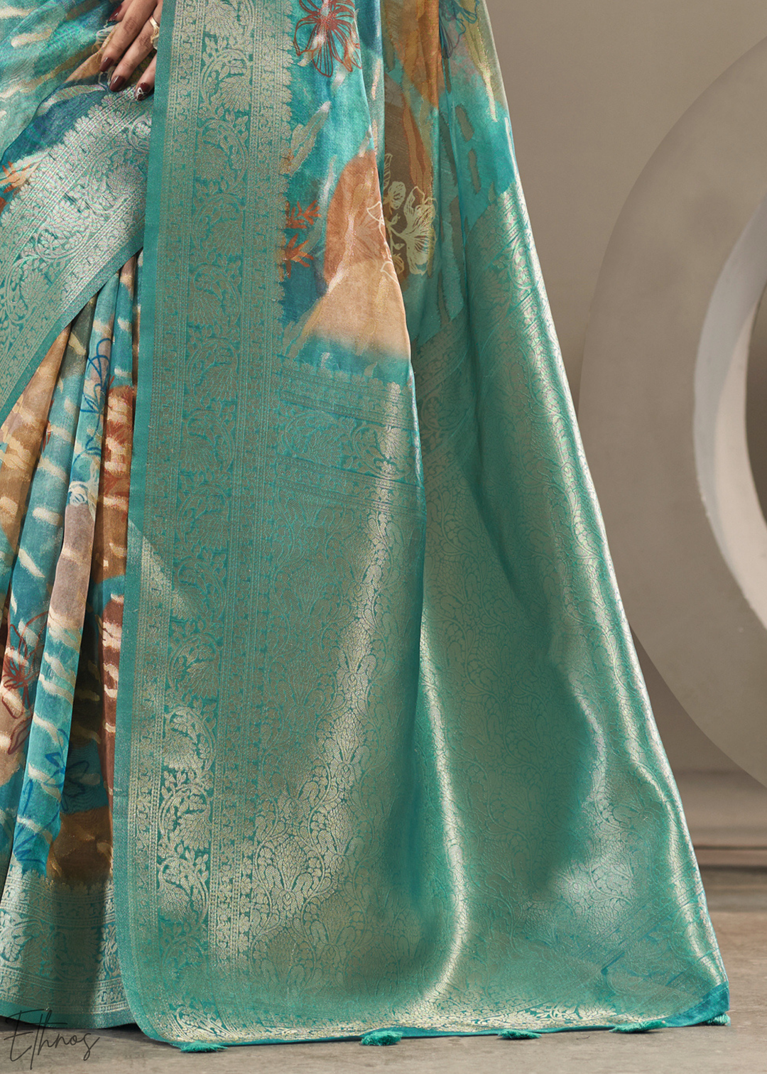 Seafoam Blue Abstract Digital Print Metallic Vellora Saree