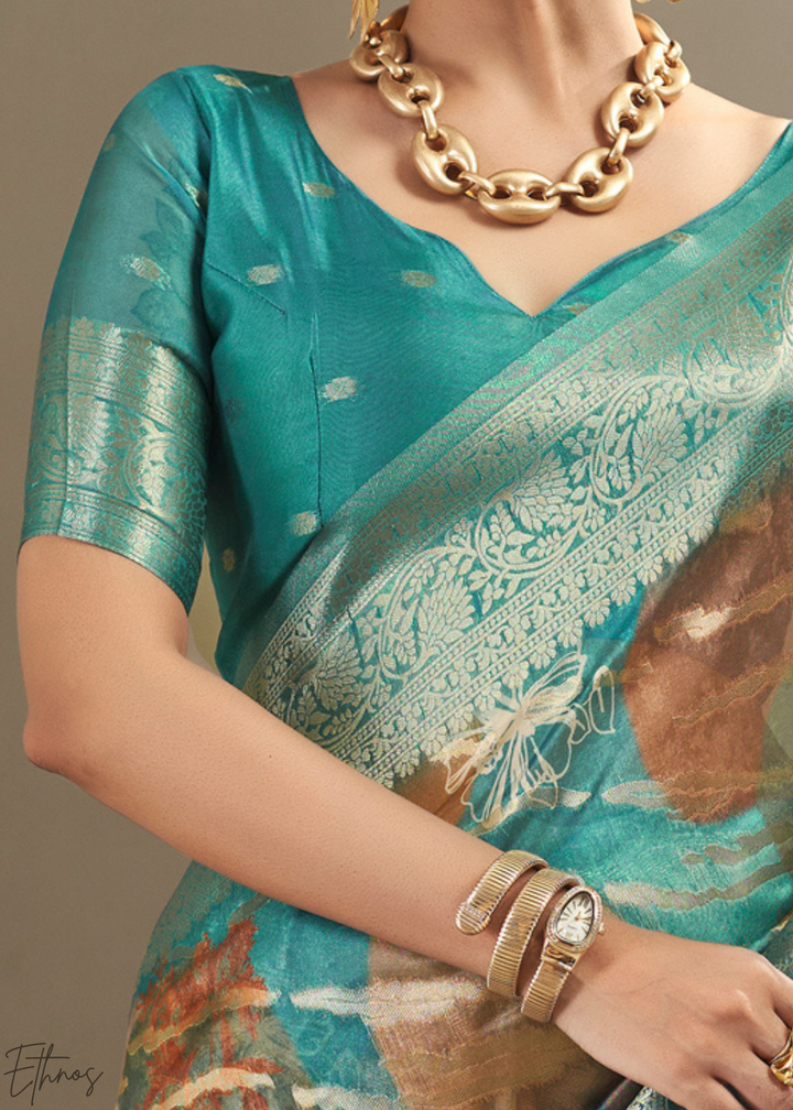 Seafoam Blue Abstract Digital Print Metallic Vellora Saree