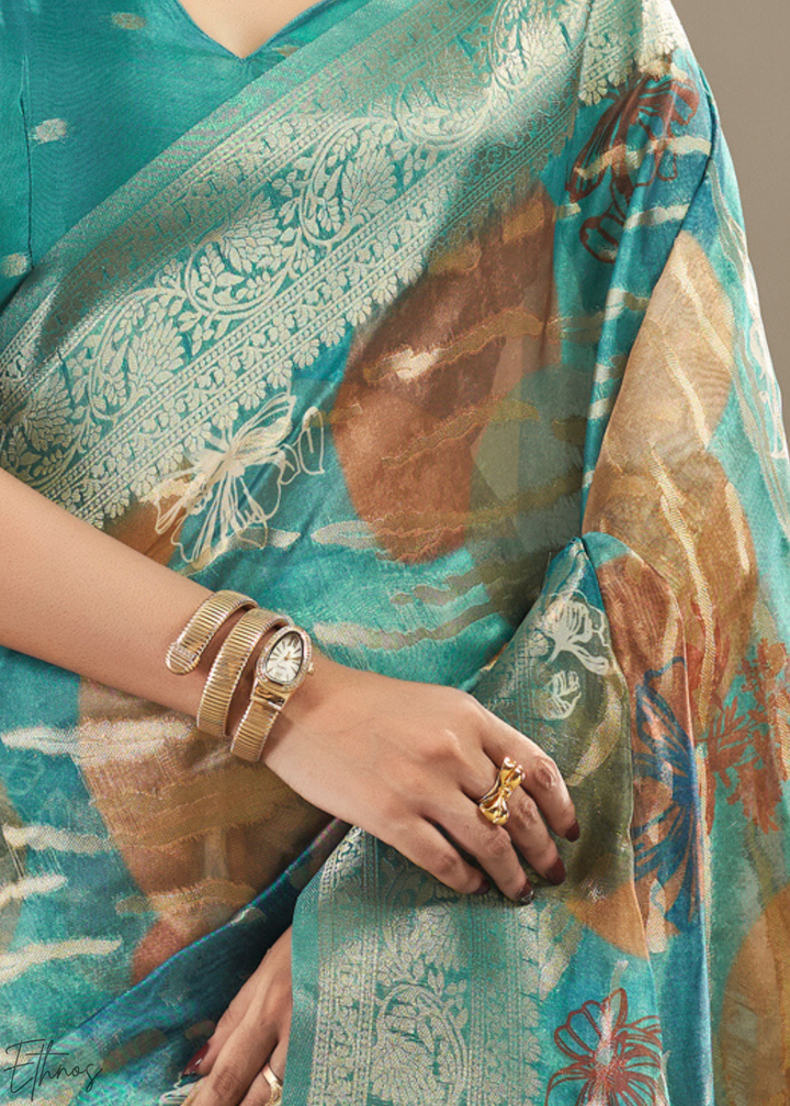 Seafoam Blue Abstract Digital Print Metallic Vellora Saree