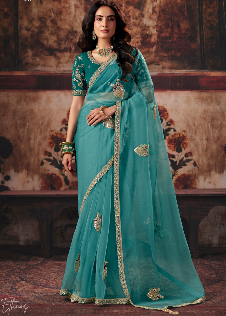 Seafoam Blue Minimalist Stitch Organza Saree