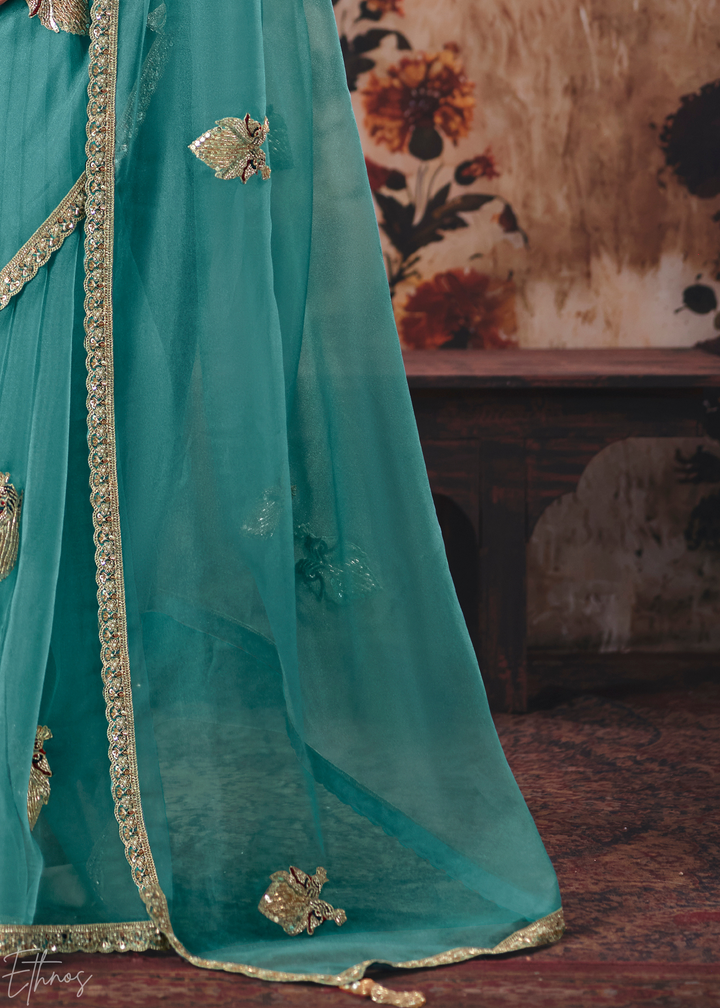 Seafoam Blue Minimalist Stitch Organza Saree