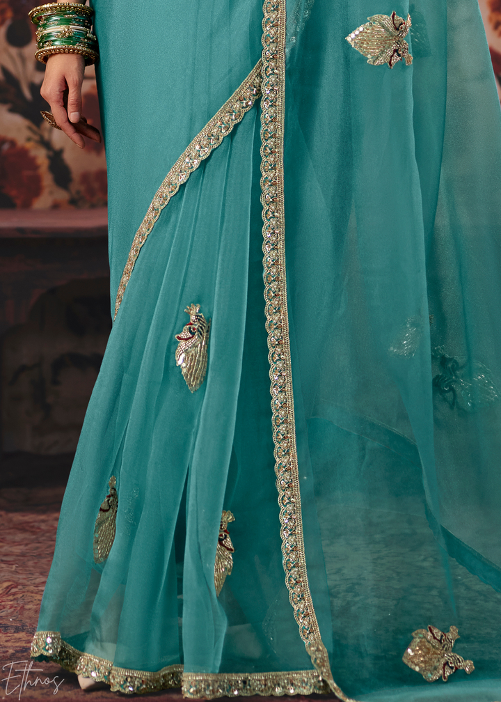 Seafoam Blue Minimalist Stitch Organza Saree