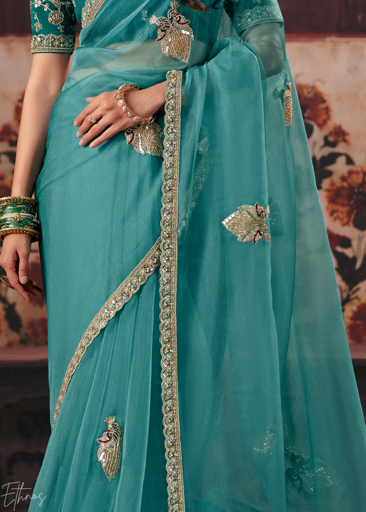 Seafoam Blue Minimalist Stitch Organza Saree