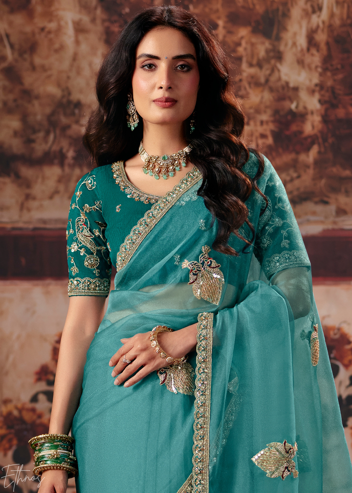 Seafoam Blue Minimalist Stitch Organza Saree