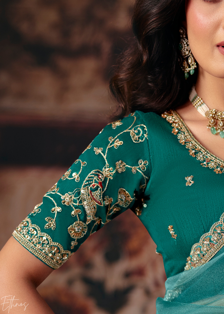 Seafoam Blue Minimalist Stitch Organza Saree