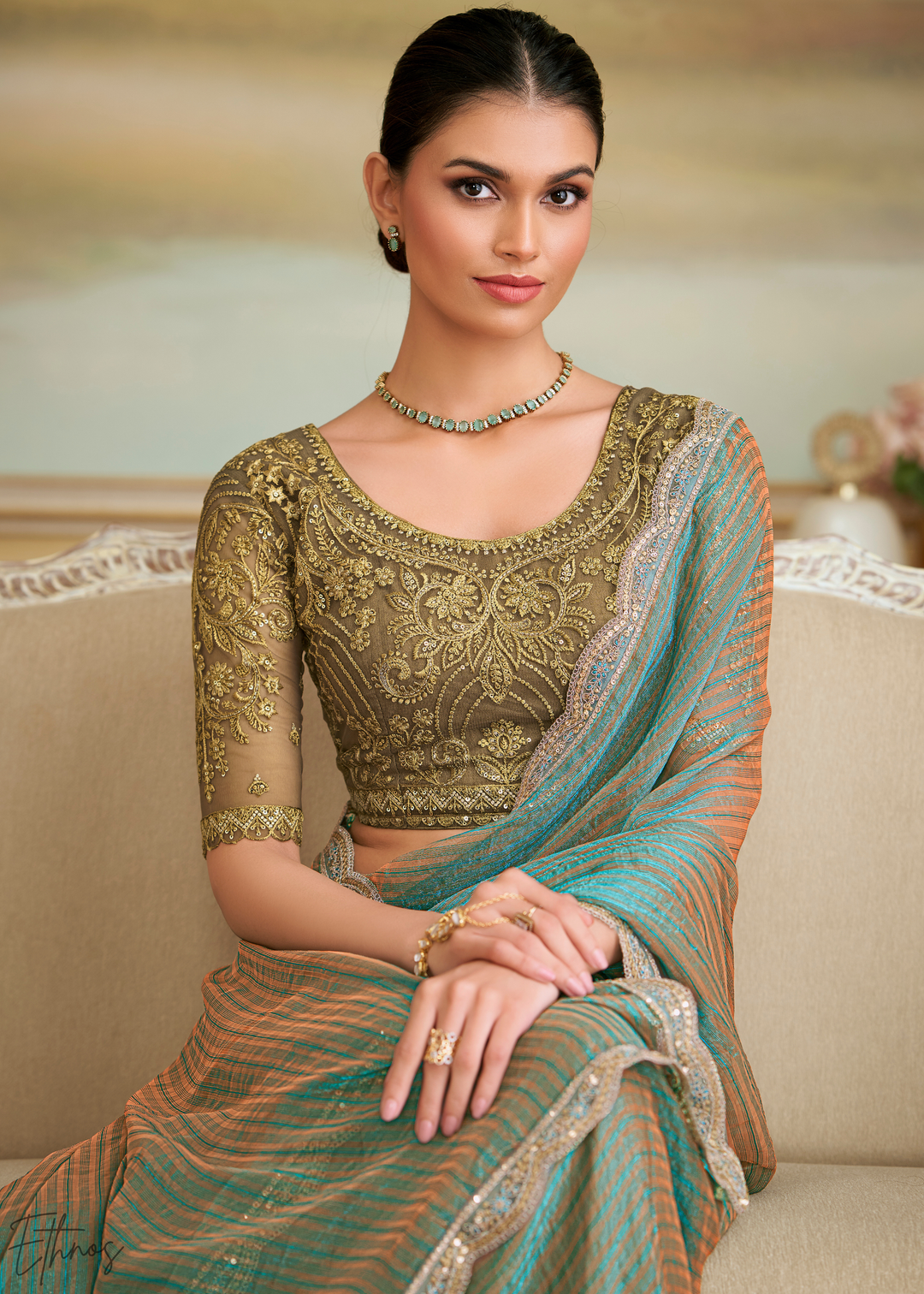 Seafoam Chevron Pattern Georgette Saree