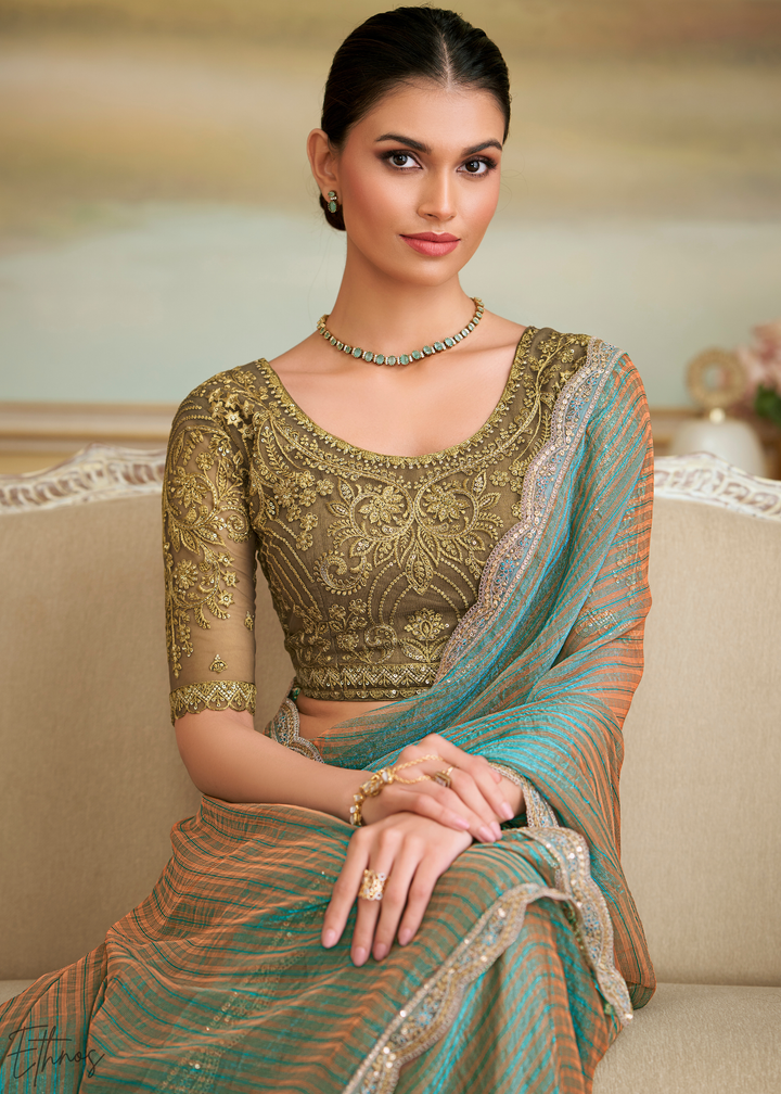 Seafoam Chevron Pattern Georgette Saree