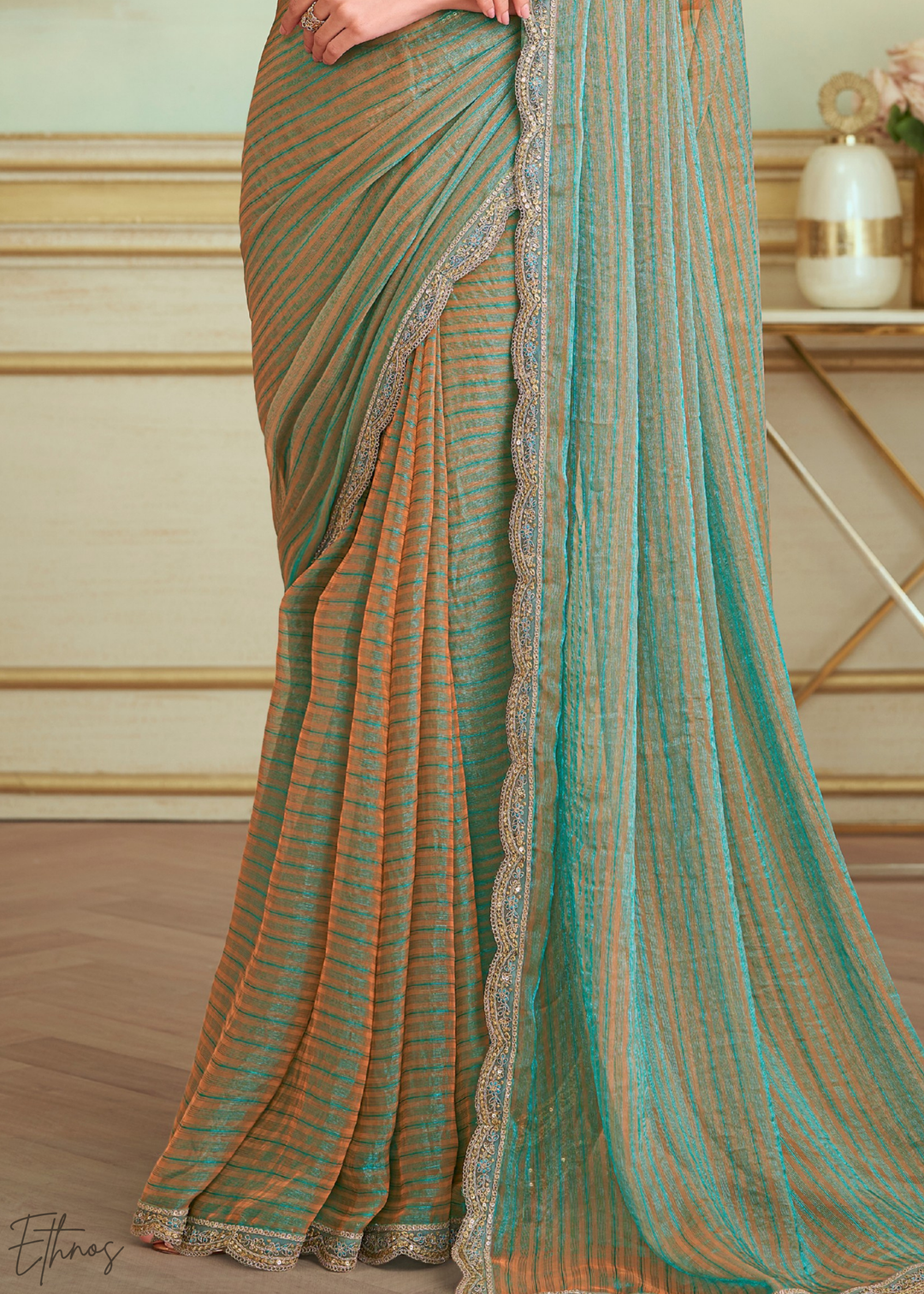 Seafoam Chevron Pattern Georgette Saree