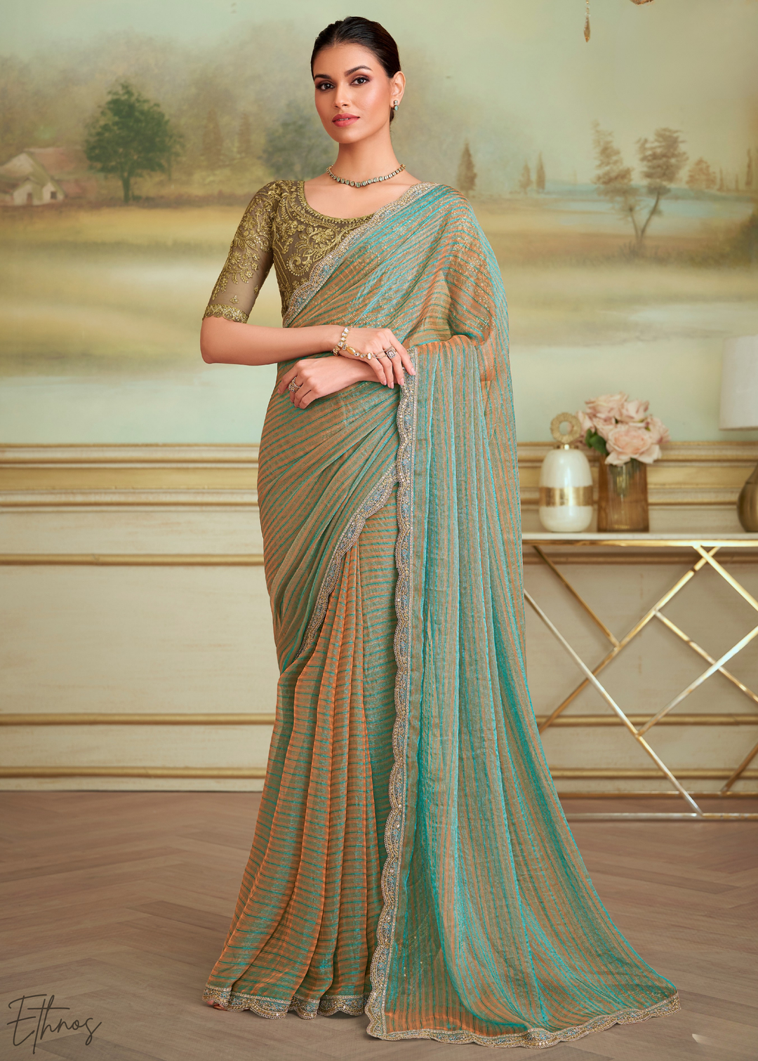 Seafoam Chevron Pattern Georgette Saree