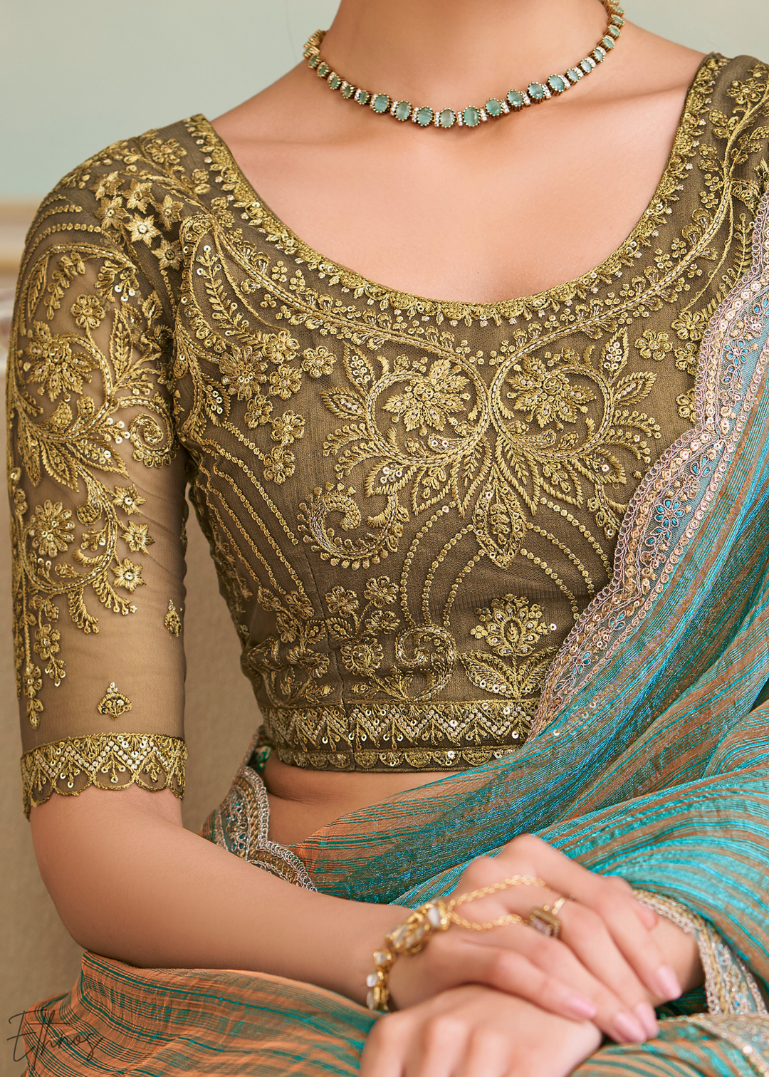 Seafoam Chevron Pattern Georgette Saree