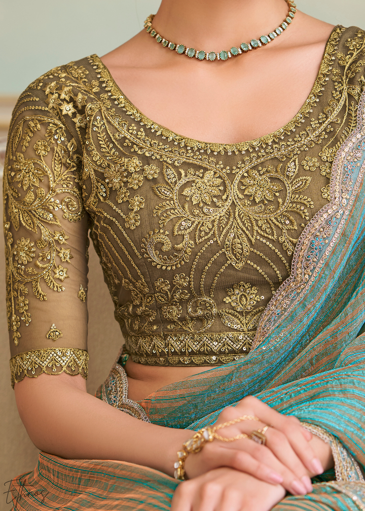 Seafoam Chevron Pattern Georgette Saree