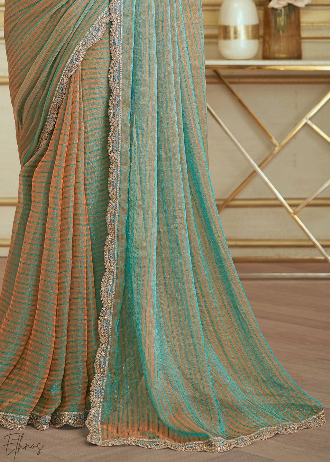 Seafoam Chevron Pattern Georgette Saree