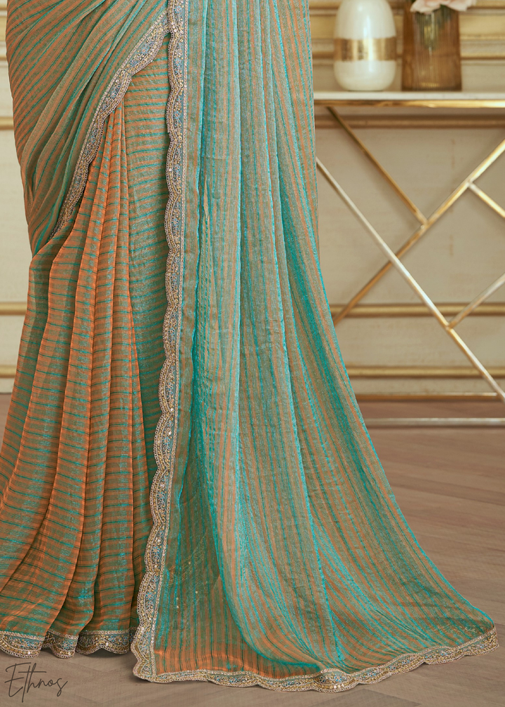 Seafoam Chevron Pattern Georgette Saree