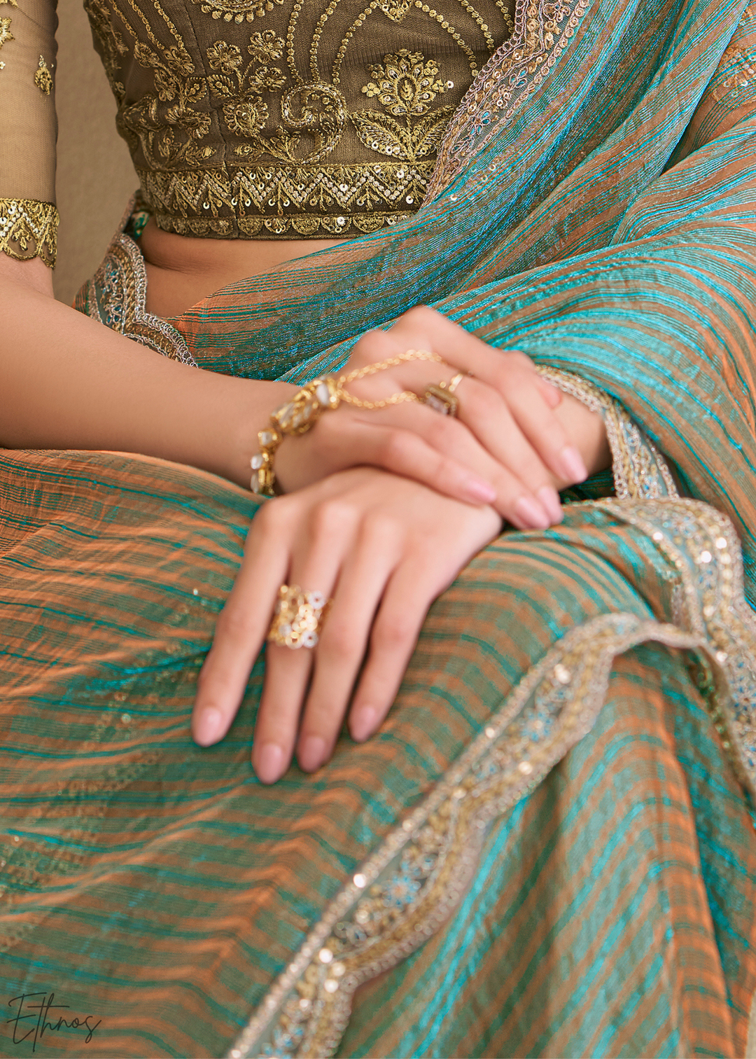 Seafoam Chevron Pattern Georgette Saree