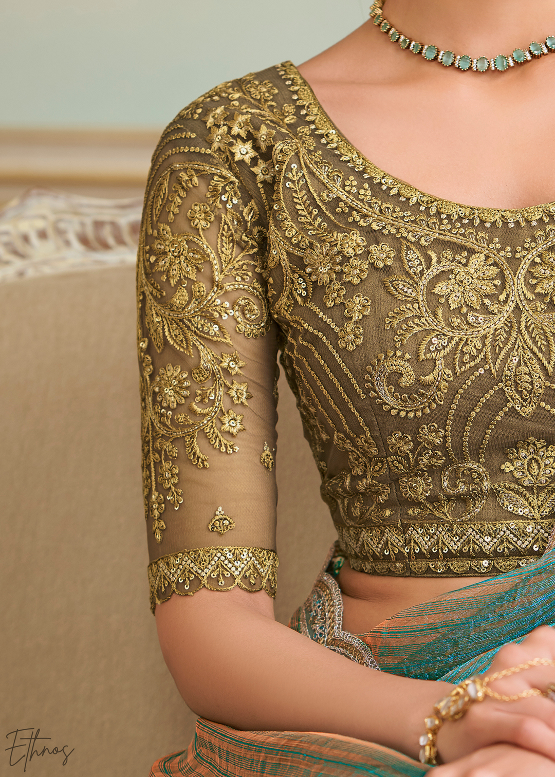 Seafoam Chevron Pattern Georgette Saree