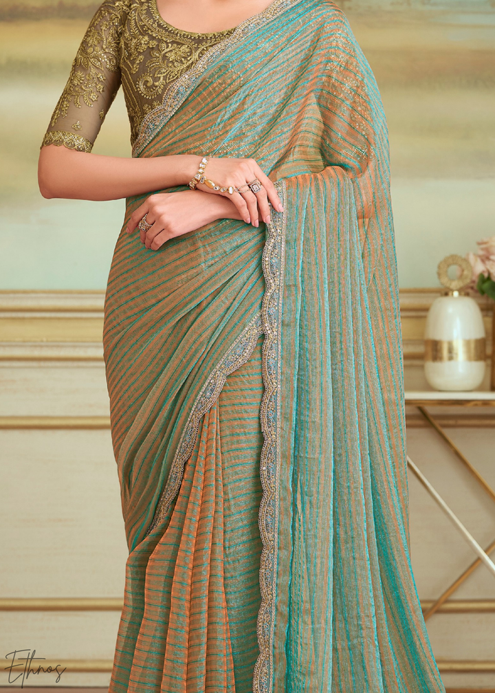Seafoam Chevron Pattern Georgette Saree