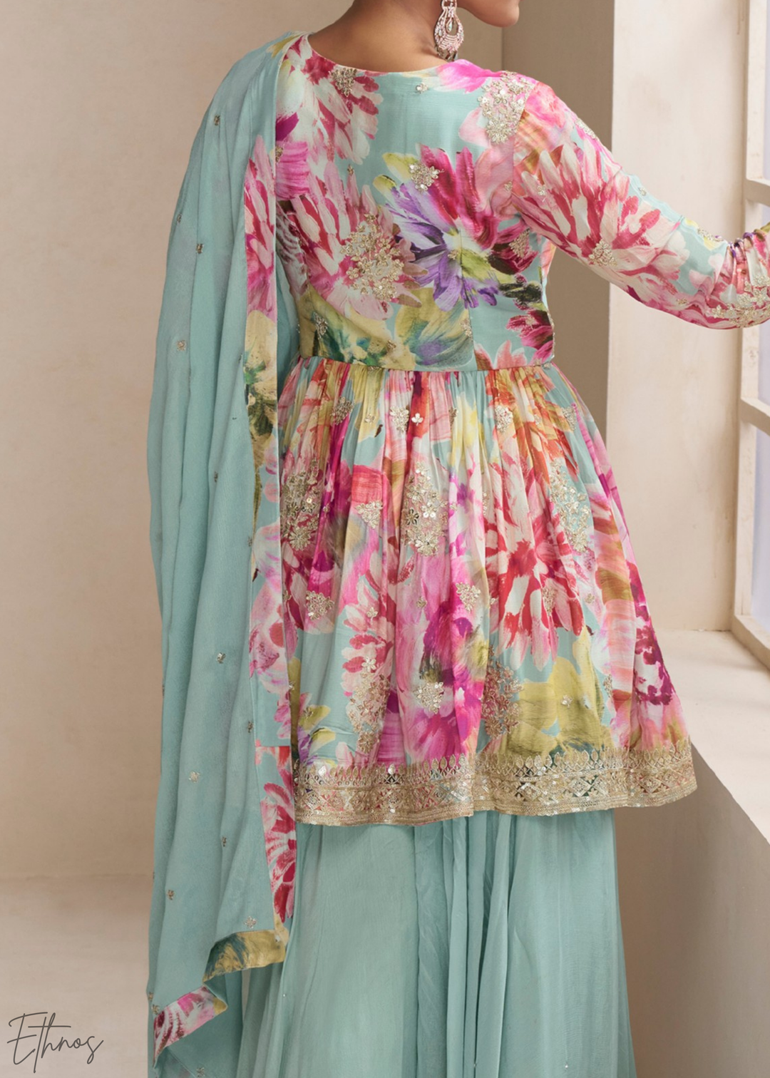 Seafoam Floral Chinon Peplum Sharara Suit