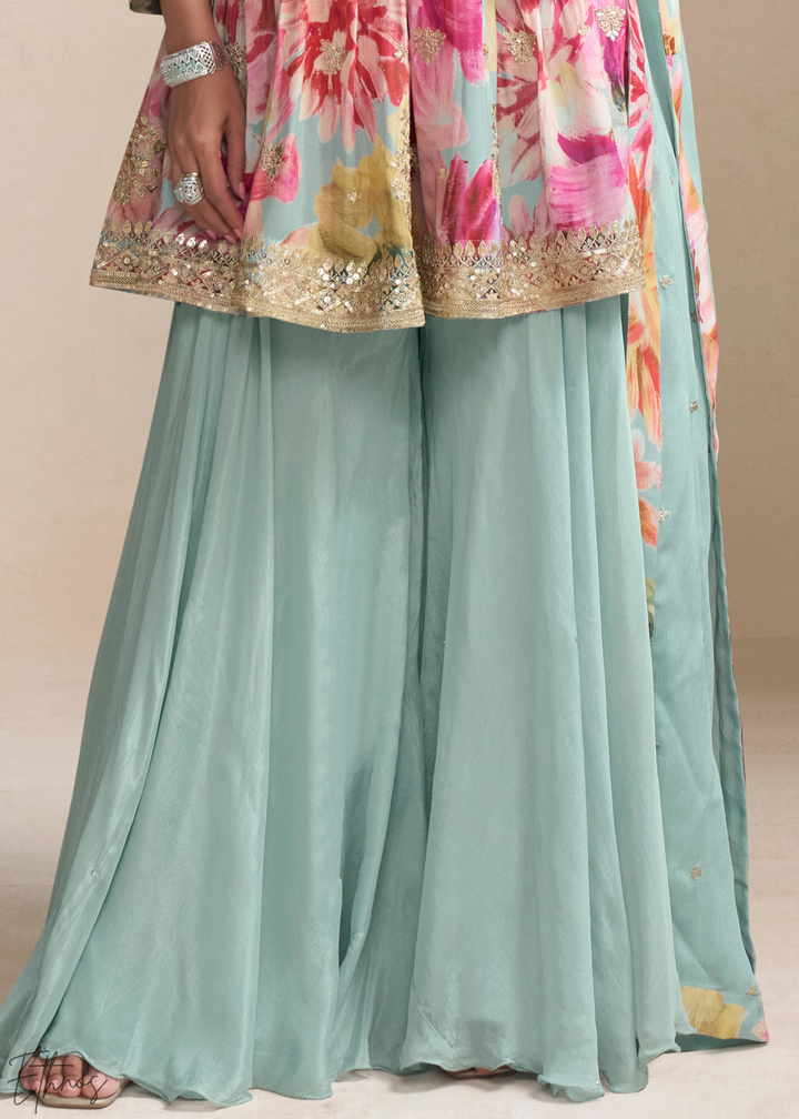 Seafoam Floral Chinon Peplum Sharara Suit