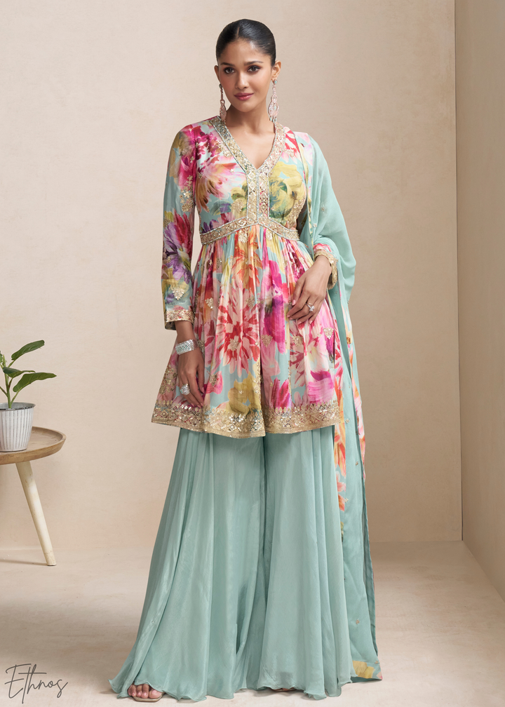 Seafoam Floral Chinon Peplum Sharara Suit