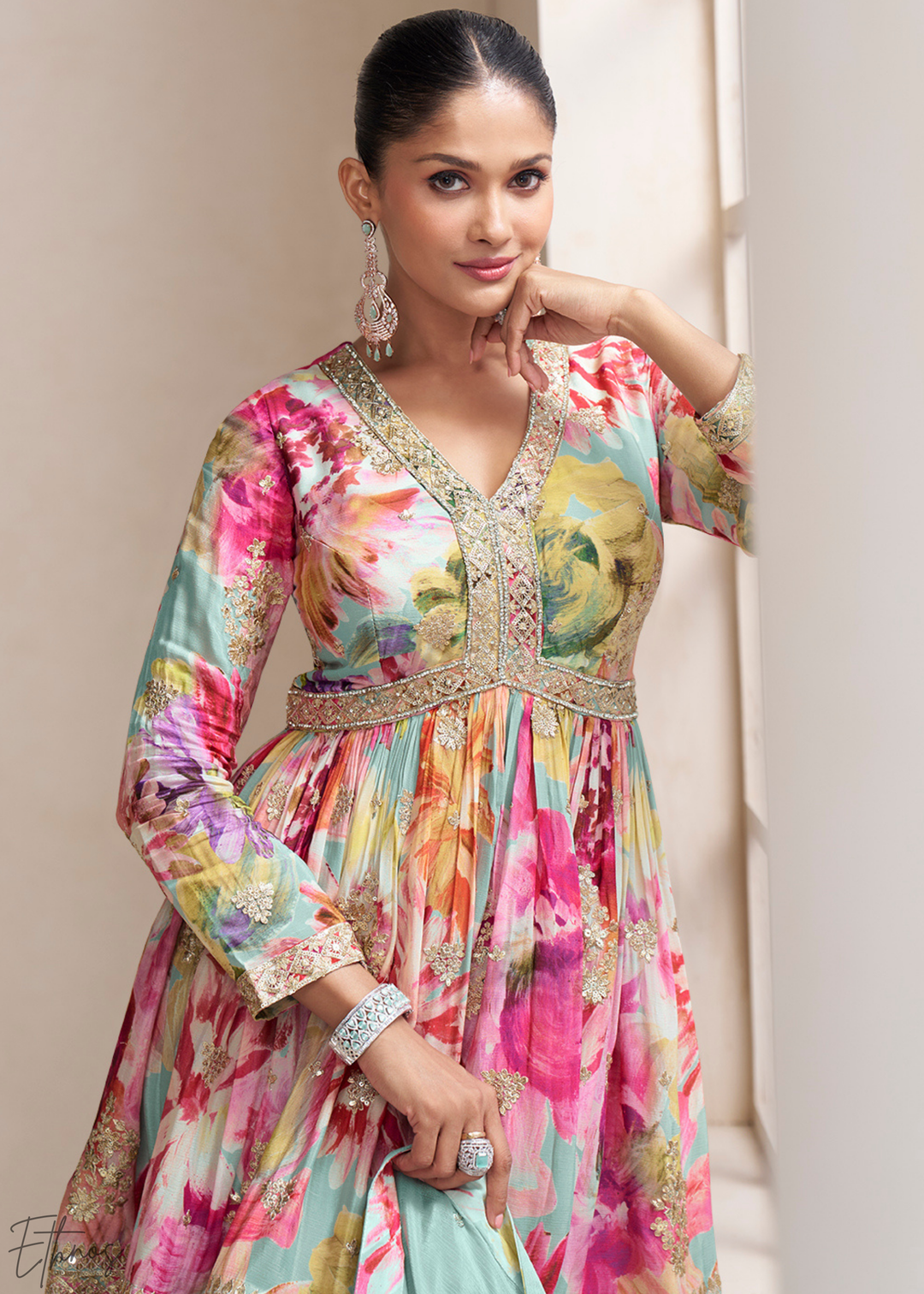 Seafoam Floral Chinon Peplum Sharara Suit