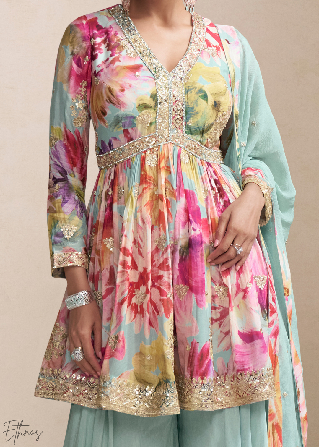 Seafoam Floral Chinon Peplum Sharara Suit