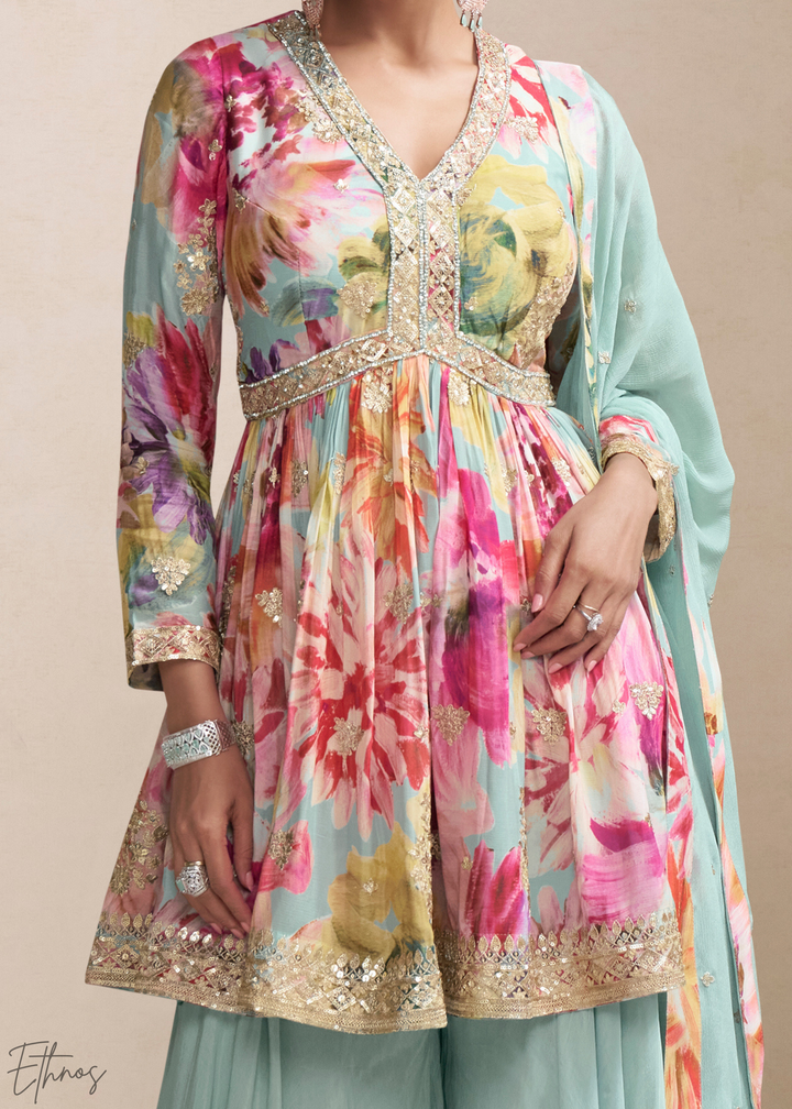 Seafoam Floral Chinon Peplum Sharara Suit