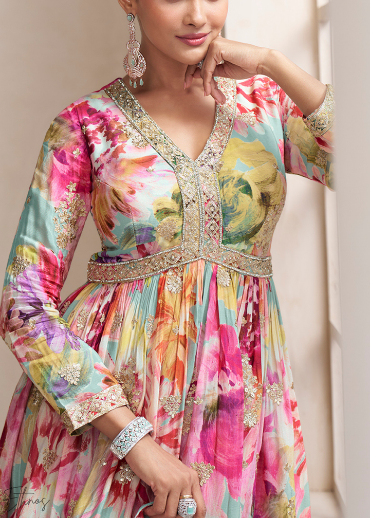 Seafoam Floral Chinon Peplum Sharara Suit