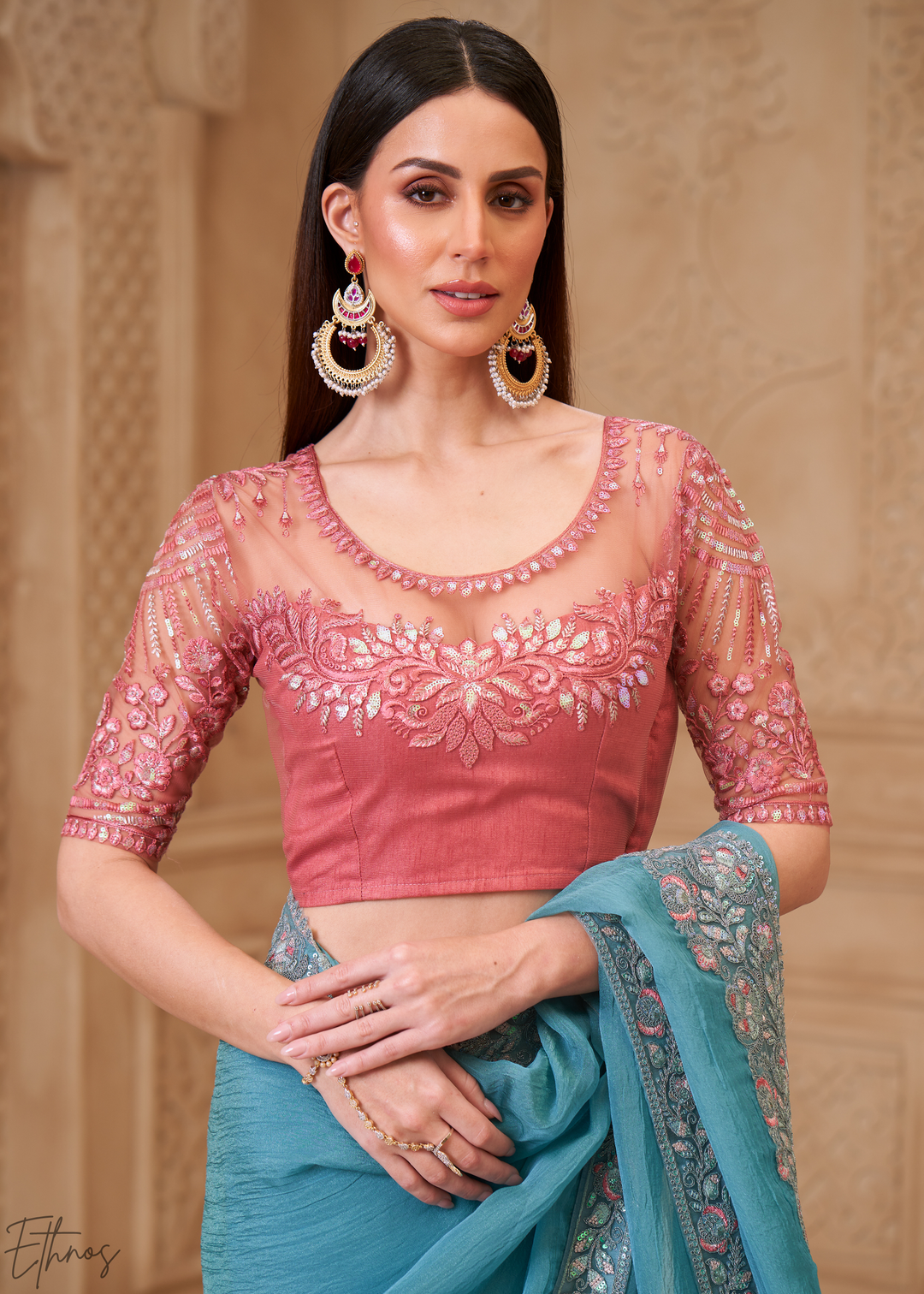 Seafoam Green Classic Border Satin Georgette Saree