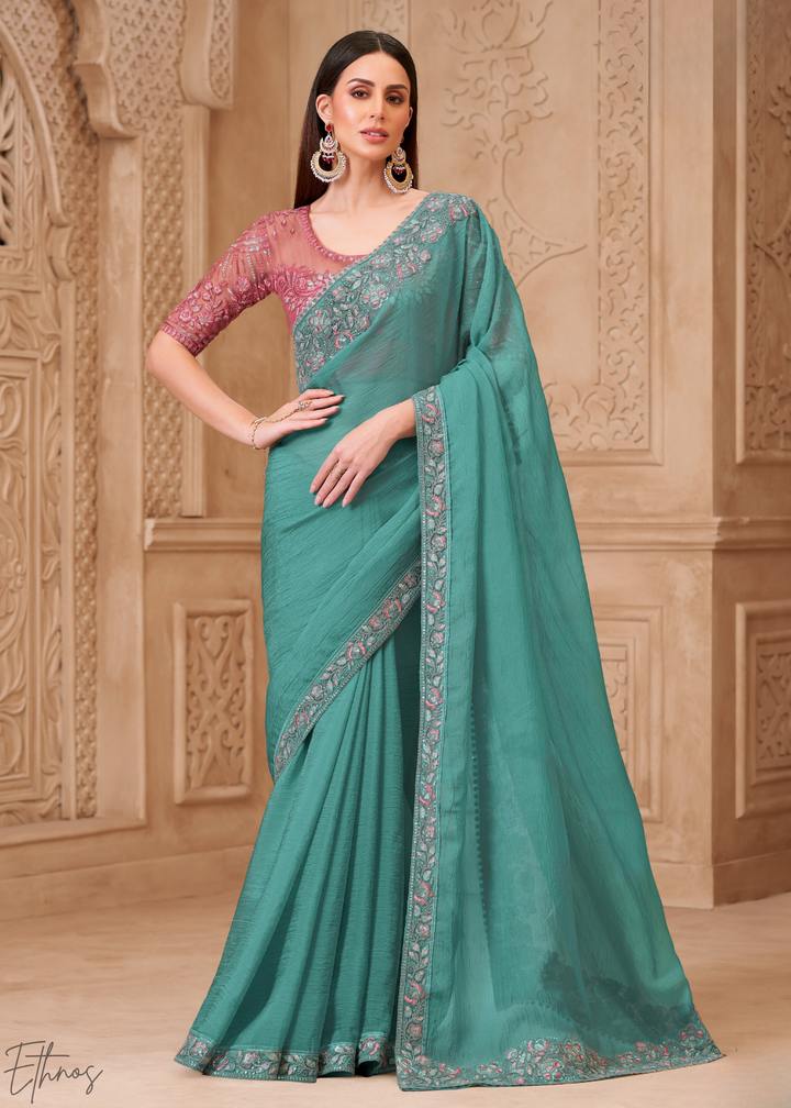 Seafoam Green Classic Border Satin Georgette Saree