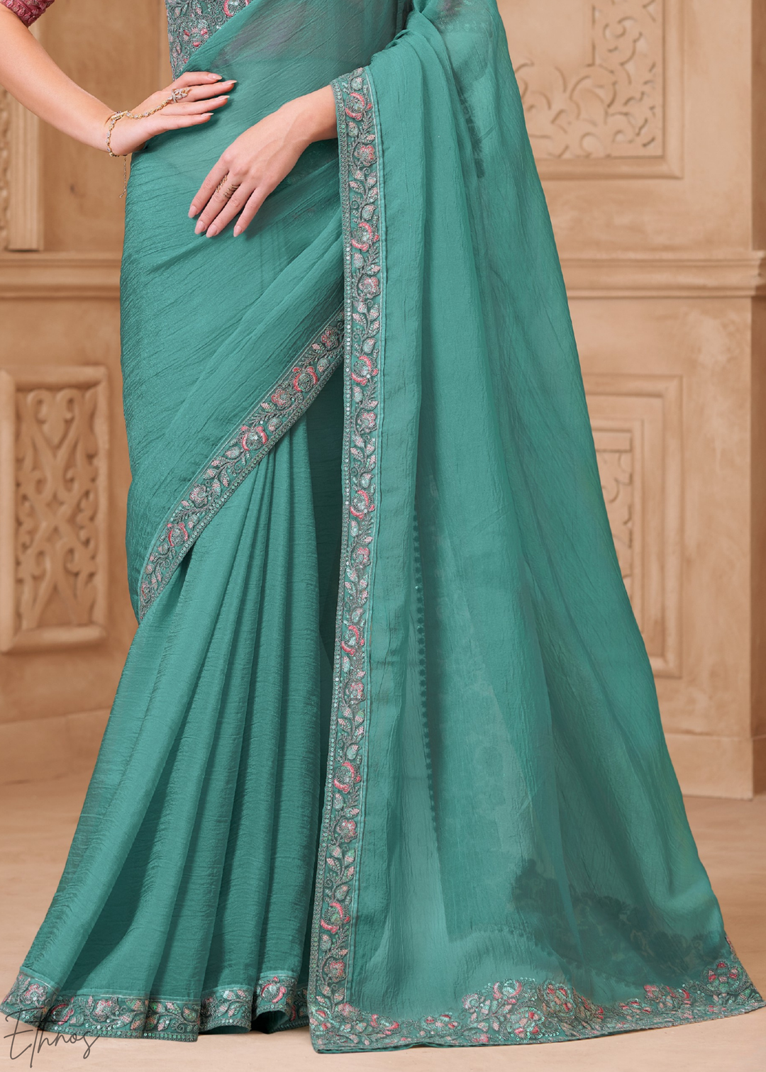 Seafoam Green Classic Border Satin Georgette Saree